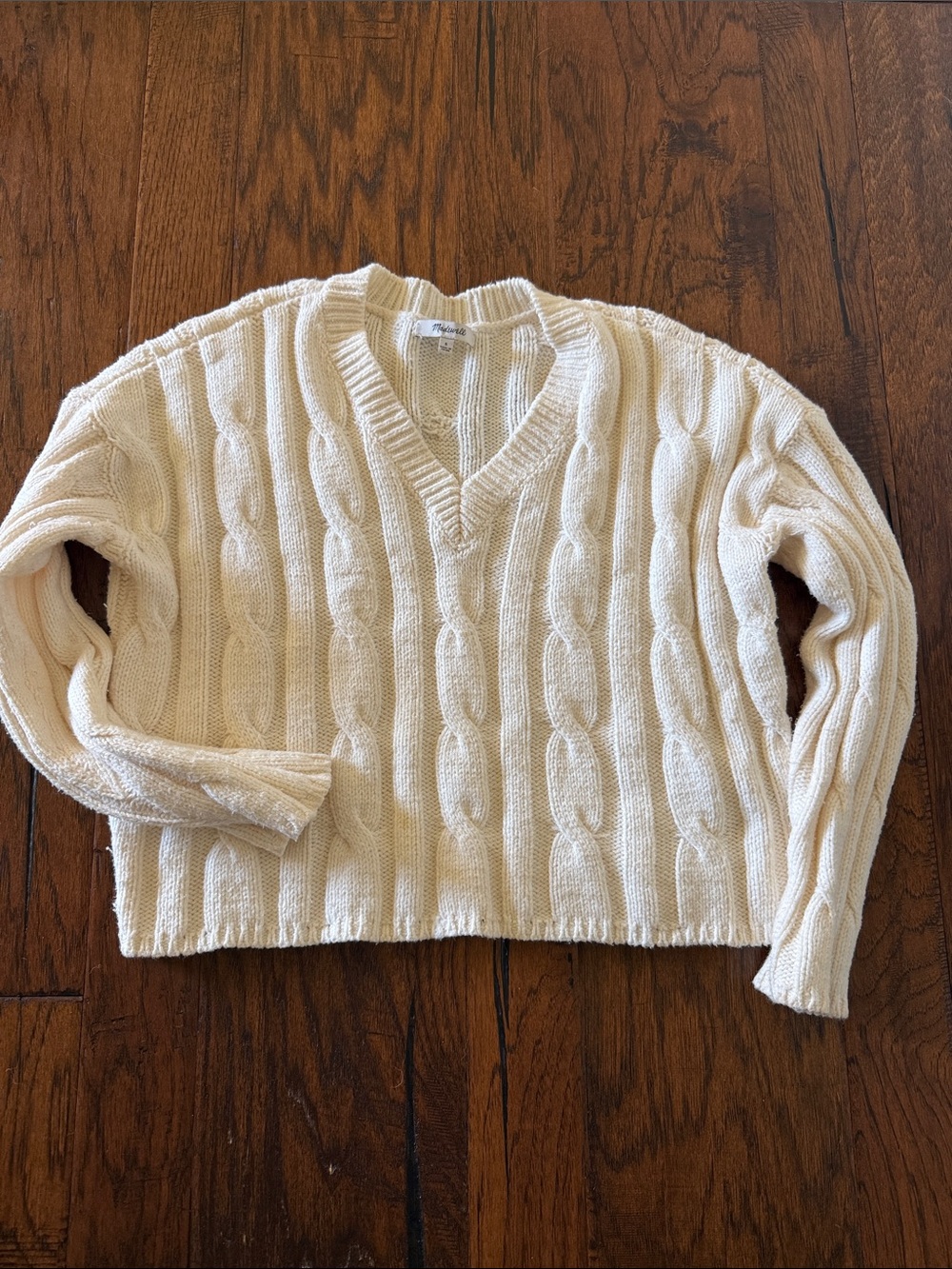 Madewell Cream Cable-Knit V-Neck Sweater